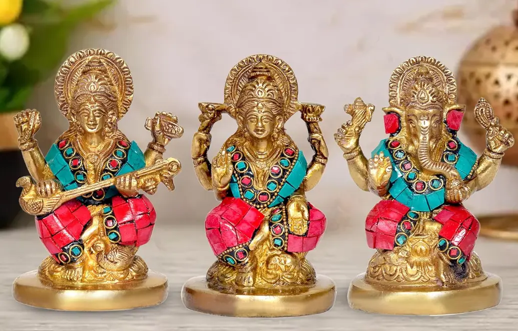 Goddess Lakshmi Ganesha Saraswati Brass Idol